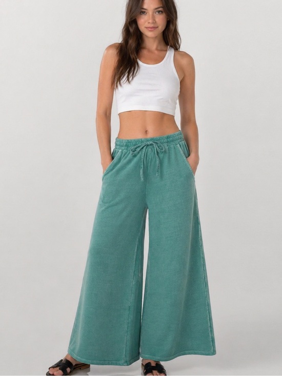 Zenana Outfitters Pants - Zenana Teal Cotton Washed French Terry Wide Leg Pants S M L